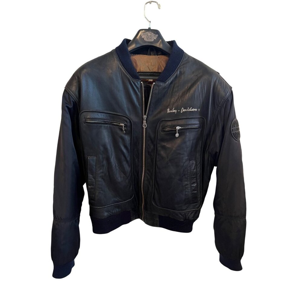 VTG Harley Davidson Black Leather, Nylon Bomber Jacket Men's Size XL Regular Fit